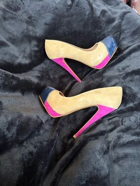 Aldo Beige Suede Pumps with Pink & Navy Colorblock
